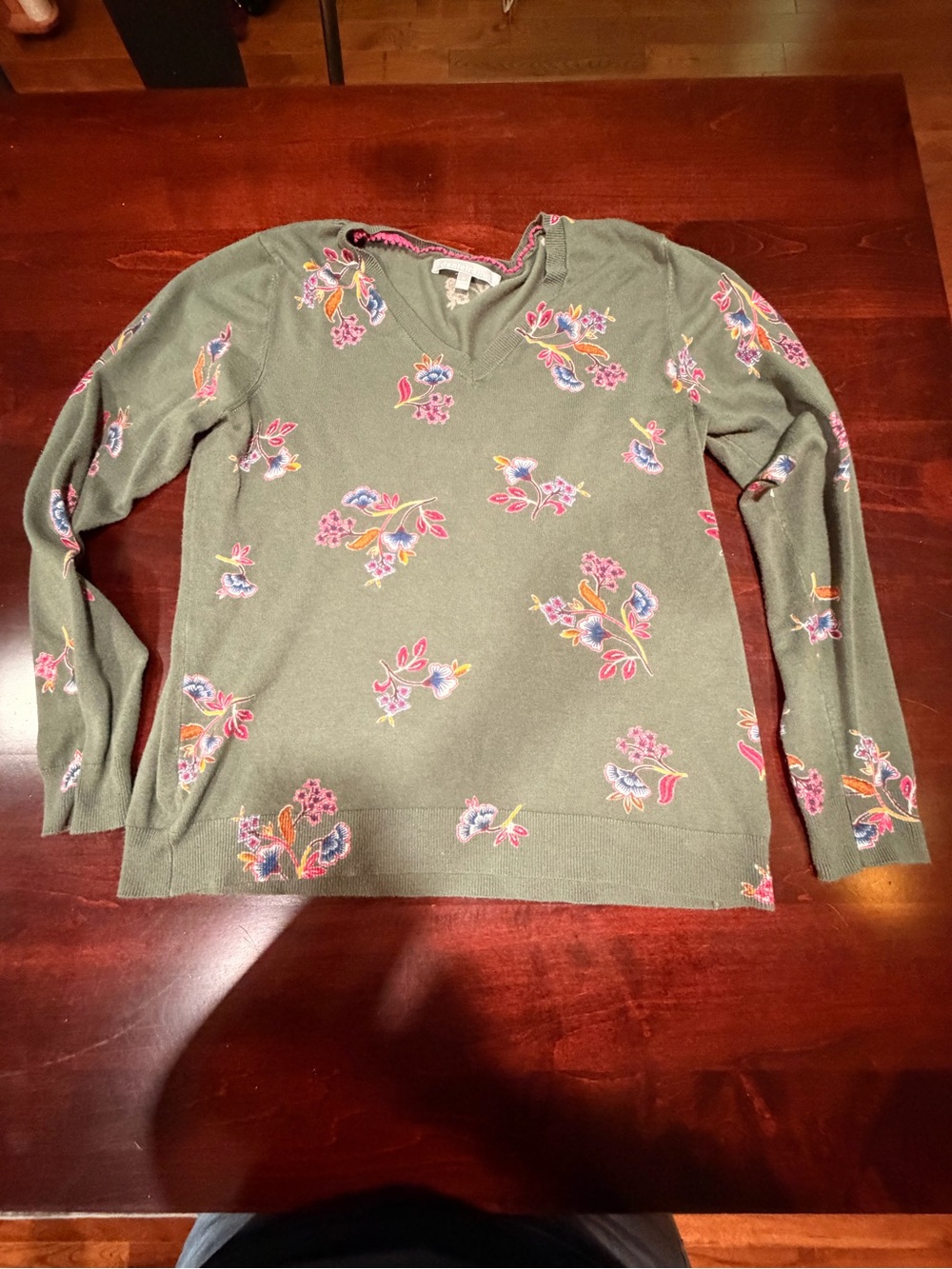 Daniel Rainn Olive Green Floral V-Neck Sweater